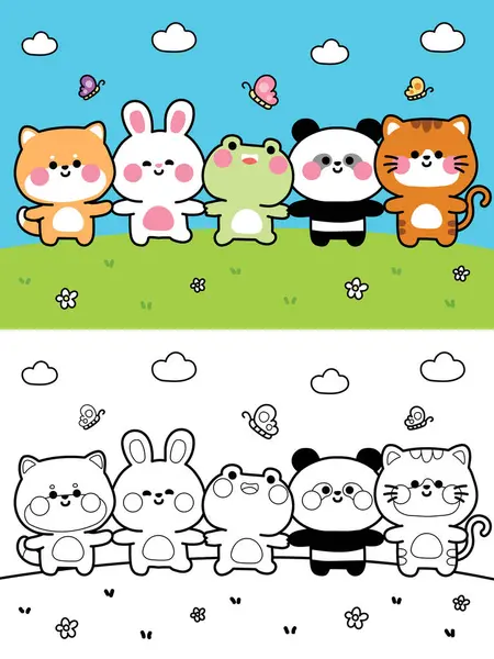 Boyama putları. Çiçek bahçesi bulutunda el ele tutuşan sevimli hayvanlar ve gökyüzünün arka planında kelebekler var. Hiba inu köpek, tavşan, kurbağa, panda, kedi eli çizimi..