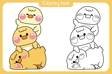 Boyama tabloları. Sevimli tavuklar birbirinin üstünde durur. Çiftlik kuşu hayvan karakteri çizimi. Rahatla. Lay.Boyama kitabı..