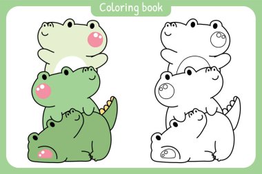 Boyama tabloları. Şirin timsahlar birbirlerinin üstünde dururlar. Sürüngen hayvan karakteri çizimleri. Rahatla. Lay.Boyama kitabı..