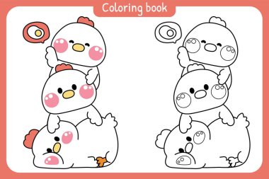 Boyama tabloları. Sevimli tavuk sahanda yumurta ile selamlaşın. Çiftlik kuşu hayvan karakteri çizimi. Rahatla. Tablo kitabı..