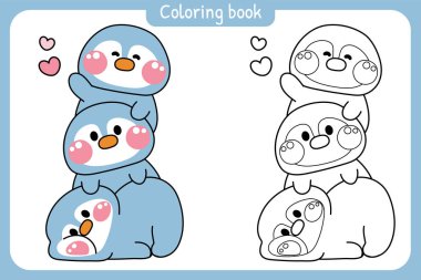Boyama putları. Sevimli penguenler birbirlerinin üstünde kalpleriyle selamlaşırlar. Kutup kuşu hayvan karakteri çizimi. Rahatla. Lay.Boya kitabı..