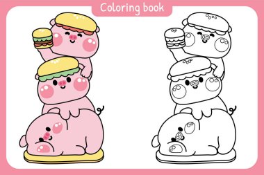 Boyama tabloları. Tatlı domuzlar birbirinin üstünde dururlar. Hamburgerle selamlaşırlar. Çiftlik hayvanı karakteri çizimleri..