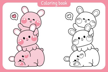 Boyama tabloları. Şirin tavşanlar birbirleri ile selamlaşır. Kemirgen tavşanı hayvan karakteri çizimi. Rahatla..