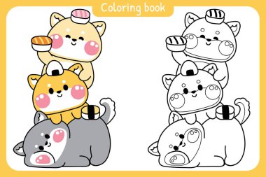 Boyama putları. Şirin shiba inu köpek birbirinizin üstünde durun. Suşi ile selamlaşmak Japon yemeğidir. Hayvan karakteri çizimi. Rahatla..