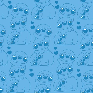 Sevimli penguenlerin kusursuz desenleri birbirlerinin üzerinde dururlar. Kalpleri ile el ele tutuşurlar. Kutup kuşu hayvan karakteri çizimi. Rahatla..