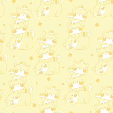 Suşi ile selamlaşmak Japon yemek hattının arka planıdır. Evcil hayvan karakteri çizimi. Rahatla. Lay.Kawaii.Vector.Illustration.