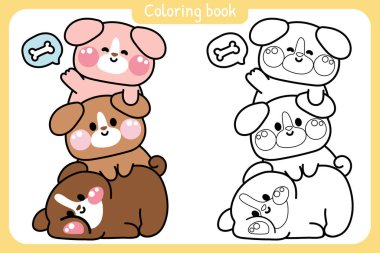 Boyama putları. Şirin köpekler birbirlerinin üstünde kemikle selamlaşır. Evcil hayvan karakteri çizimleri. Rahatla. Lay.Boyama kitabı..