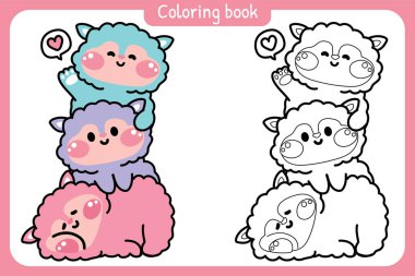 Boyama tabloları. Şirin koyunlar birbirlerinin üzerine çıkıp kalpleriyle selamlaşırlar. Çiftlik hayvanı karakteri çizimleri. Rahatla. Lay.Boya kitabı..