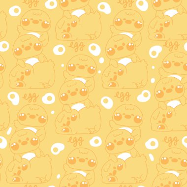 Sevimli tavuğun kusursuz deseni arka planda kalan kızarmış yumurta hattını selamlamak için birbirinin üzerinde kalır. Çiftlik kuşu hayvan karakteri çizimi. Rahatla..