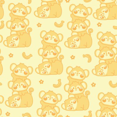 Şirin maymunun kusursuz deseni, muz ve çiçek arkaplanlarıyla birbirinin üstünde durur. Vahşi hayvan karakteri çizimi. Rahatla. Kawai Vektörü..