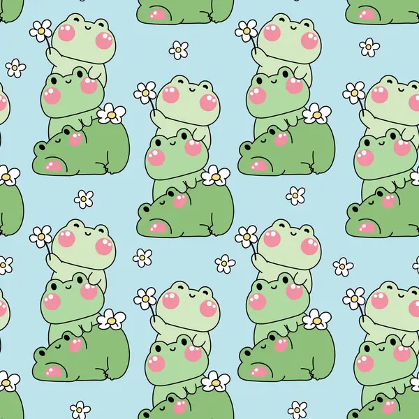 Şirin kurbağanın kusursuz deseni, çiçek arkaplanıyla birbirinin üstünde durur. Sürüngen hayvan karakteri çizimi. Sakin ol..