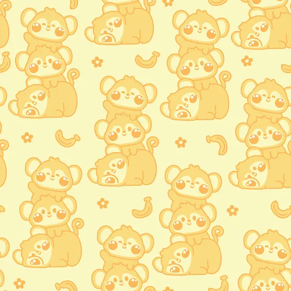 Şirin maymunun kusursuz deseni, muz ve çiçek arkaplanlarıyla birbirinin üstünde durur. Vahşi hayvan karakteri çizimi. Rahatla. Kawai Vektörü..