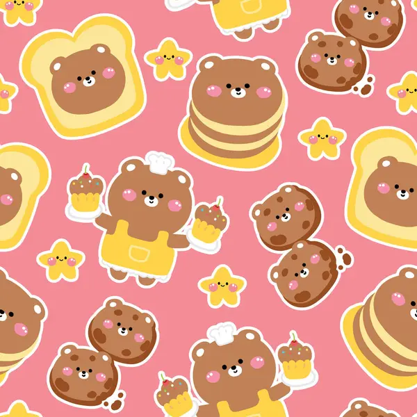 Çeşitli menü fırınının arka planında kusursuz şirin ayı deseni. Pastel. Yüzü Ted 'e dönük. Ekmek, krep, kurabiye.