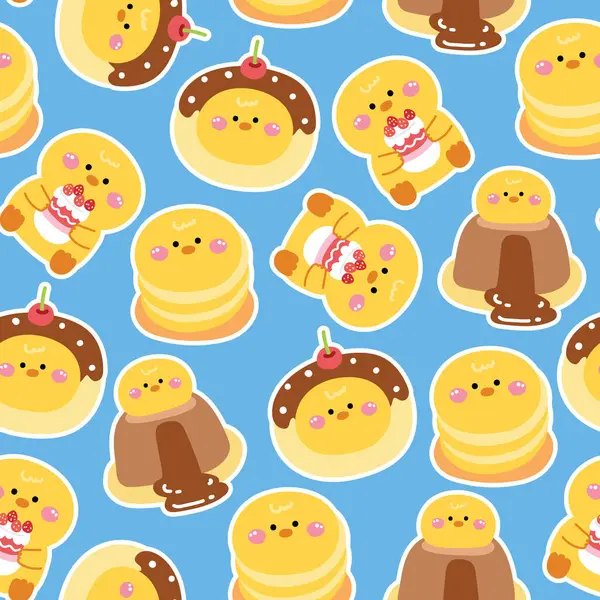 Çeşitli menü fırın arka planında kusursuz şirin tavuk deseni. Pastel. Face. Head. Çikolatalı lav keki, kiraz, gözleme. Çiftlik kuşu hayvan karakteri çizgi filmi tasarımı.