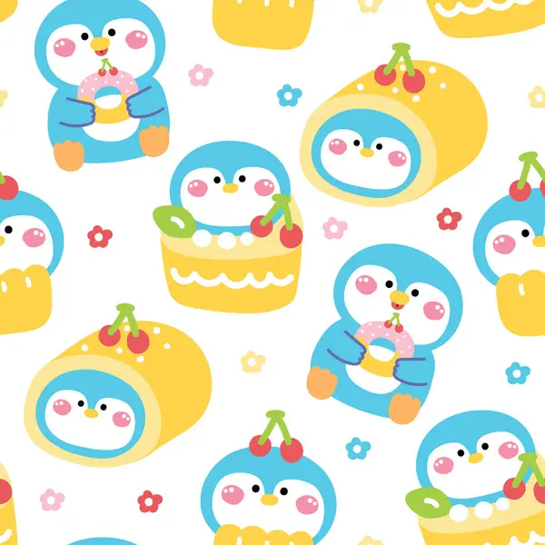 Çeşit çeşit kiraz arkaplanlı şirin penguenin kusursuz deseni. Pastel. Pasta, kiraz, kek, rulo pasta. Kutup kuşu hayvan karakteri çizgi film tasarımı. Kawai. İllüstrasyon.