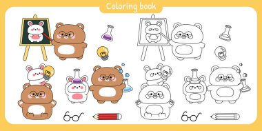 Sevimli oyuncak ayı ve tavşanın okul konseptine geri dönmesi. Öğrenci ve öğretmen. Sanat, fikir, test tüpü, bilim. Öğrenin. Vahşi ve kemirgen hayvan karakteri çizgi filmi..