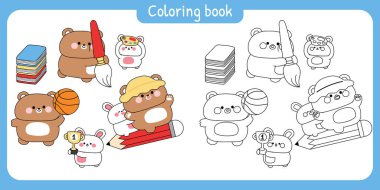 Sevimli oyuncak ayı ve tavşanın okul konseptine geri dönmesi. Öğrenci ve öğretmen. Basketbol, fırça, kalem, kupa. Çalış. Vahşi ve kemirgen hayvan karakteri çizgi filmi..