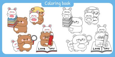 Sevimli oyuncak ayı ve tavşanın okul konseptine geri dönmesi. Öğrenci ve öğretmen. Kitap ve kalem. Öğrenme. Vahşi ve kemirgen hayvan karakteri karikatürü.