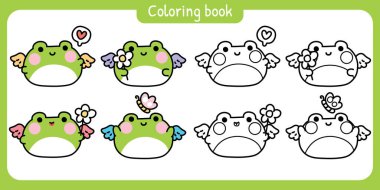 Boyama putları. Şirin yuvarlak kurbağanın kanatları vardır. Çiçek ve kelebeklerle uçar. Angle. sürüngen hayvan karakteri karikatürü..