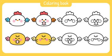 Boyama putları. Şirin yuvarlak tavuk ve tavuğun yumurtalı kanatları var. Angle.Çiftlik kuşu hayvan karakteri çizgi filmi..