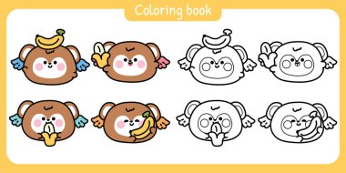 Boyama putları. Şirin, yuvarlak şekilli maymunun muz meyveli kanatları var. Angle. vahşi hayvan karakteri çizgi filmi..