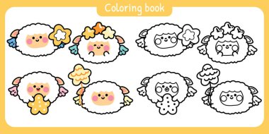 Boyama putları. Şirin yuvarlak koyunlar yıldız balonuyla kanat çırpar. Angle.Çiftlik hayvanı karakteri çizgi filmi..