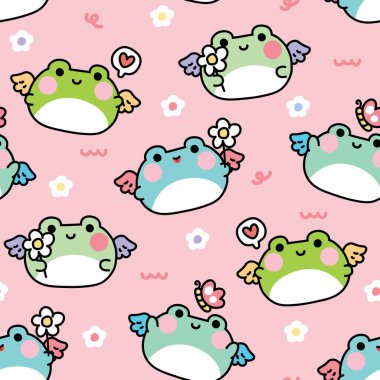 Sevimli yuvarlak kurbağanın kusursuz desenli kanat uçuşu kalp çiçeği ve kelebek arka planına sahiptir. Angle. Sürüngen hayvan karakteri karikatürü. Kawaii Vektörü..