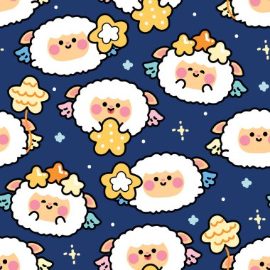 Kusursuz yuvarlak şekilli koyunların gece gökyüzünde yıldızla kanat çırpışları vardır. Angle. çiftlik hayvanı karakteri karikatürü. Kawaii.Vector.Illustration.