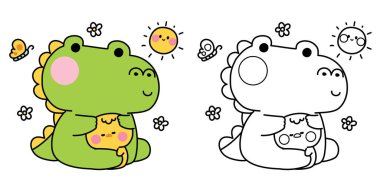 Boyama putları. Şirin timsah bebeği minik tavuğa güneş çiçeği ve kelebekle sarılıyor. Sevgi. Sürüngen ve kuş karakteri çizgi filmi..