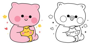 Boyama putları. Sevimli domuz bebeği minik tavuğa yürekten ve yıldızla sarılıyor. Arkadaş. Çiftlik ve kuş karakteri çizgi filmi..