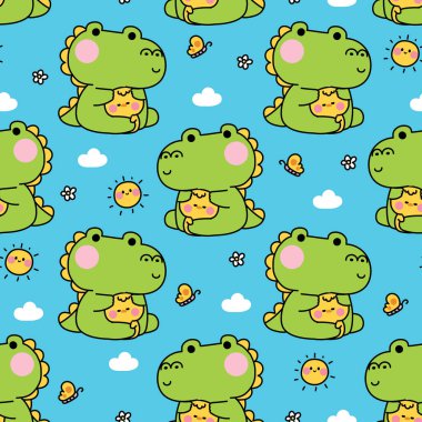 Tatlı timsah bebeğinin kusursuz deseni küçük tavuğa güneş bulutu çiçeği ve kelebek arkaplanıyla sarılmak. Sevgili. Sürüngen ve çiftlik kuşu hayvan karakteri çizgi film..