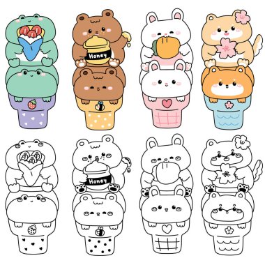 Boyama putları. Dondurma külahındaki sevimli hayvanların. Kurbağa ayı. Tavşan tavşan. Tatlı ve tatlı köpek. Çilek, bal, havuç, sakura çiçeği.