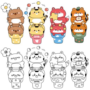 Boyama putları. Dondurma külahında sevimli hayvanlar. Capybara.Zürafa. Fox.Tiger.Tatlı ve tatlı. Yıldız, top, çiçek. Hayvan karakter çizimi. Resim kitabı.