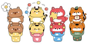 Dondurma külahında sevimli hayvanlar. Capybar. Zürafa. Fox.Tiger. Tatlı ve tatlı. Uç, yıldız, bsll, çiçek.