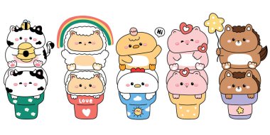 Dondurma külahında sevimli hayvanlar. Cow.Sheep.Tavuk ve tavuk. Tatlı ve tatlı. Bal peteği, gökkuşağı, yumurta, kalp, yıldız..