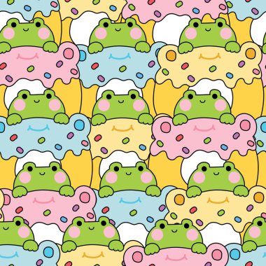 Tatlı kurbağanın kusursuz deseni vanilyalı çilekli çöreğin üzerinde kalır. Tatlı ve tatlı. Pasta. Sürüngen hayvan karakteri çizimi..