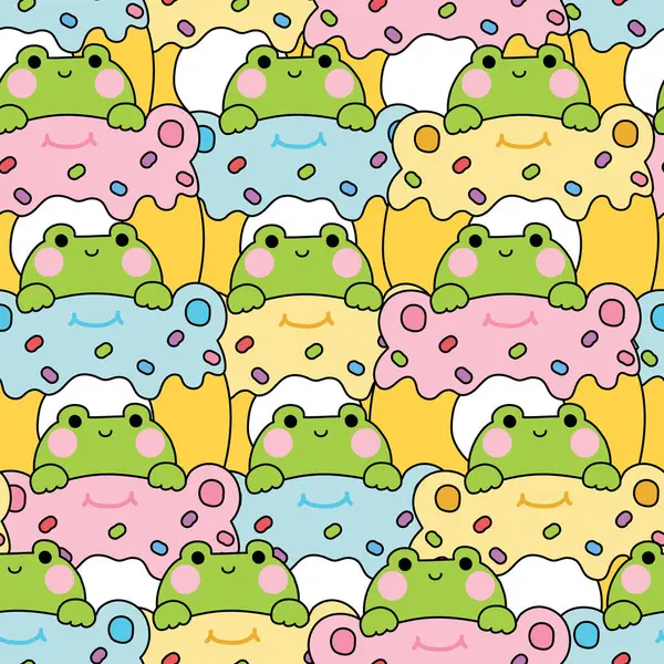 Tatlı kurbağanın kusursuz deseni vanilyalı çilekli çöreğin üzerinde kalır. Tatlı ve tatlı. Pasta. Sürüngen hayvan karakteri çizimi..