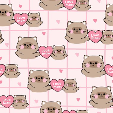 Sevimli anne kedi ve yavru kedinin kusursuz desenleri büyük pembe bir geçmişe sahiptir. Kedi. Miyav. Anneler Günü. Sevgi..