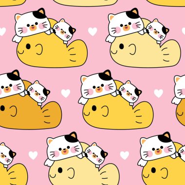 Sevimli anne kedi ve yavru kedinin kusursuz desenleri kalp geçmişi olan büyük balıklarda kalır. Miyav. Anneler Günü. Sevgi. Evcil hayvan karakteri çizimi..