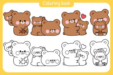 Boyama tabloları. 1 numara tatlı anne ayıcık ve bebek ayı çeşitli pozlarda. Anneler Günü. Aşk. Vahşi hayvan karakteri tasarımı..