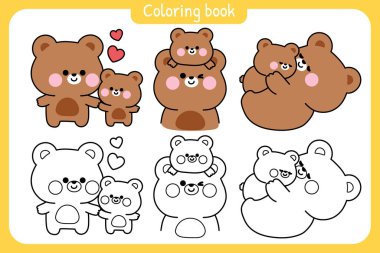 Boyama tabloları. 2 numara. Sevimli anne, oyuncak ayı ve bebek ayı çeşitli pozlarda. Anneler Günü. Sevgi dolu..