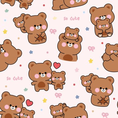 Sevimli anne, oyuncak ayı ve bebek ayısının kusursuz desenleri çeşitli pozlarda. Kalp yıldızı geçmişi var. Anneler Günü. Vahşi hayvan karakteri çizimi..