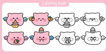 Boyama tabloları. Şirin yuvarlak domuzda kek çileği ve kanat sineği var. Angle. çiftlik hayvanı karakteri karikatürü..