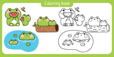 Boyama putları. 3 numara. Çeşitli pozlarda sevimli anne kurbağa ve bebek kurbağaları. Anneler Günü. Aşk. Nehir, karpuz, yusufçuk, kütük..