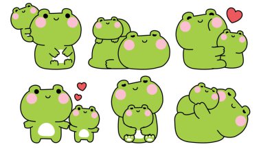 Bir numaralı sevimli anne kurbağa ve kurbağa seti. Anneler Günü. Aşk. Sürüngen hayvan karakteri çizimi..