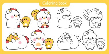 Boyama tabloları. 1 numara: Sevimli anne tavuk ve tavuk çeşitli pozlarda. Anneler Günü. Sevgi. Kızarmış yumurta. Çiftlik kuşu hayvan karakteri çizimi..