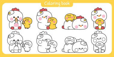 Pagonları boyamak. 2 numara. Sevimli anne tavuk ve tavuk çeşitli pozlarda. Anneler Günü. Sevgi. Kızarmış yumurta. Çiftlik kuşu hayvan karakteri çizimleri..