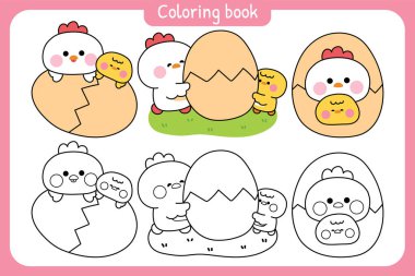 Sayfa boyama. 3. Sevimli anne tavuk ve tavuk çeşitli pozlarda. Anneler Günü. Yumurta. Kalp. Çiftlik kuşu hayvan karakteri çizimleri..