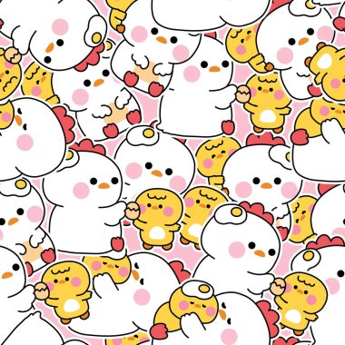 Çeşitli şekillerde tatlı anne tavuk ve yavru tavuğun kusursuz deseni arka planda poz veriyor. Kızarmış yumurta. Anneler Günü. Aşk. Çiftlik kuşu hayvan karakteri çizimi..