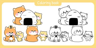 Sayfa boyama. 3. Şirin anne shiba inu köpek ve bebek çeşitli pozlarda suşi ve pirinç topu. Anneler Günü. Sevgiler..